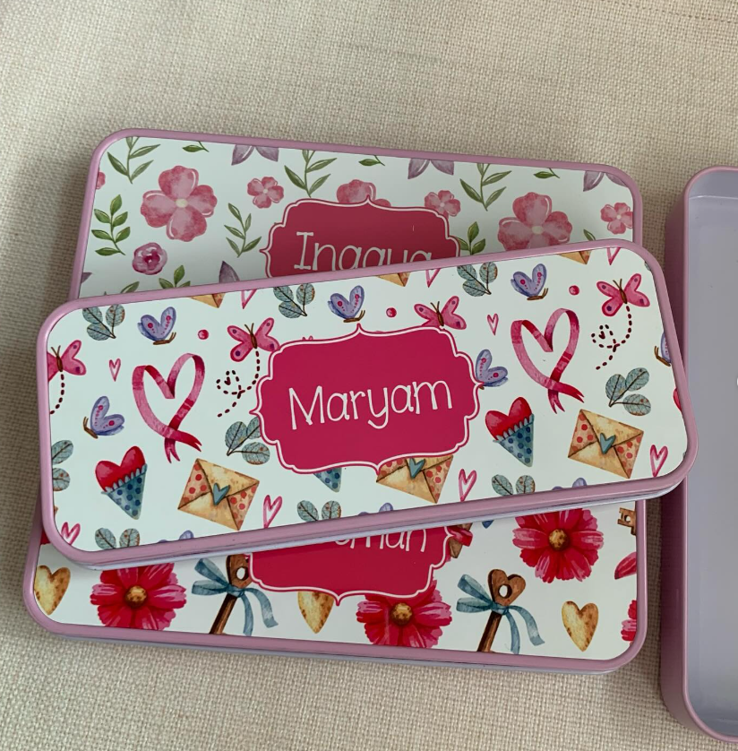 Personalised pencil tins pretty floral butterfly love heart design