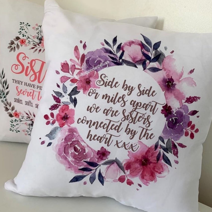Personalised Sisters Cushion - Side by Side or Miles Apart - Floral Wreath Design