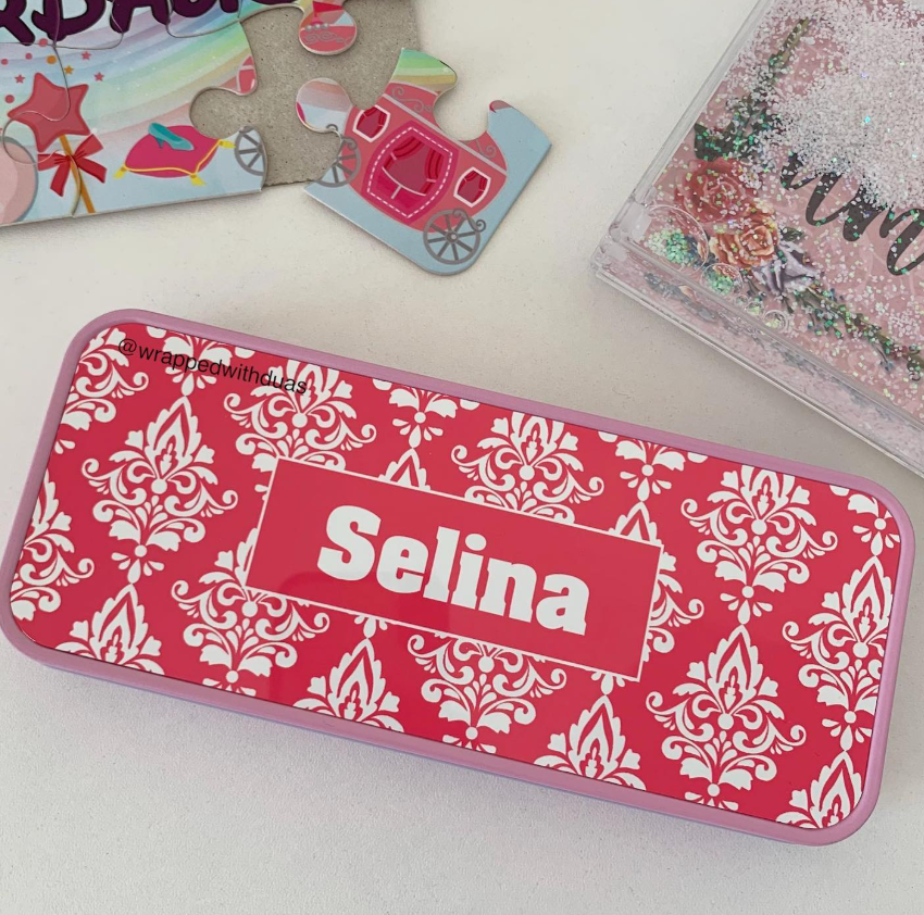 Personalised Pencil Tin - Pink Damask Design - Any Name
