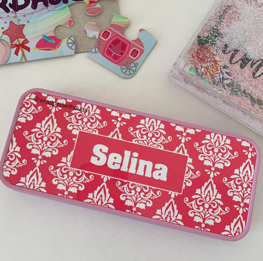 Personalised Pencil Tin - Pink Damask Design - Any Name