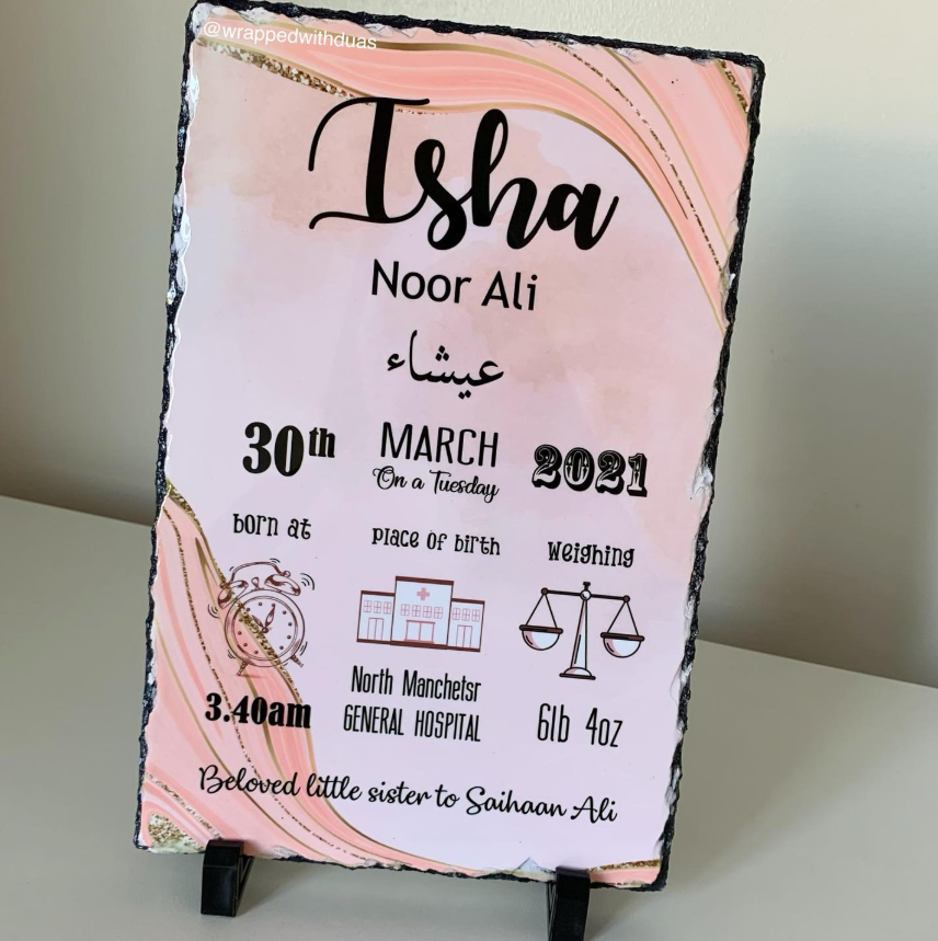 Personalised Baby Rock Slate - Isha - Name, Date, Time, Weight & Place - Any Name Possible - Rectangular