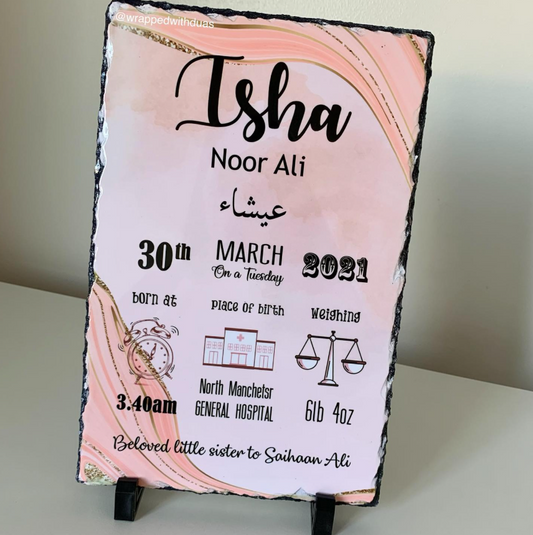 Personalised Baby Rock Slate - Isha - Name, Date, Time, Weight & Place - Any Name Possible - Rectangular