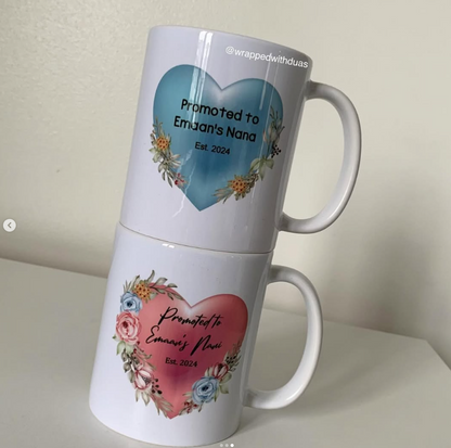 Personalised Promoted to Nana / Nani Mug - Floral Heart Design - Any Name & Year - 11oz mug